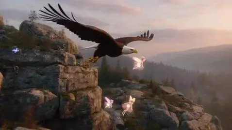 AI Video from prompt: The eagle flies over the rocks around the little
