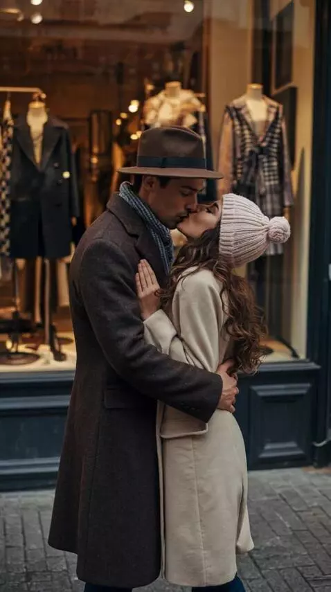 AI Video from prompt: Night street, a man kissing a woman. **The camer