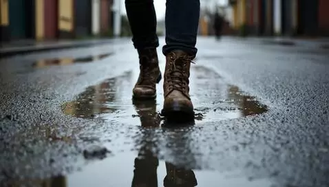 AI Video from prompt: Boots step through puddles, leaving muddy footpr