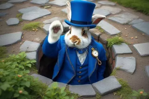 AI Video from prompt: Rabbit waves.  looks downwards. starts falling d