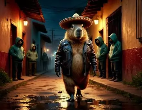 AI Video from prompt: Capybara comes to the door of the bar and goes i