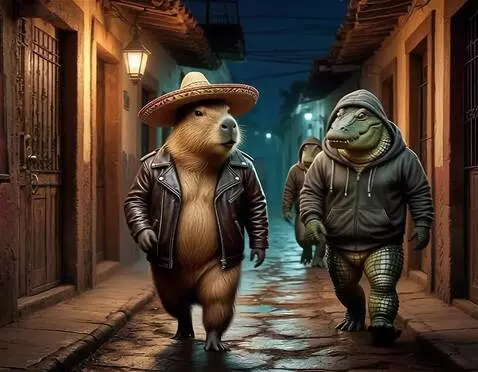 AI Video from prompt: Capybara comes to the door of the bar and goes i