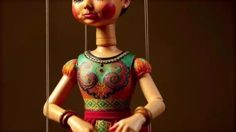 AI Video from prompt: A marionette doll moves and talks at a performan
