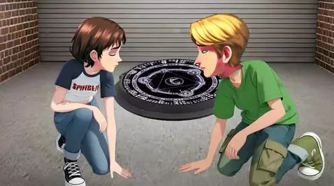 AI Video from prompt: a girl and a guy examine the hatch, touch the ha