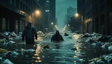 AI Video from prompt: The street is flooded, the water carries garbage