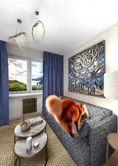 AI Video from prompt: A red-haired fluffy cat jumps on the sofa and lo