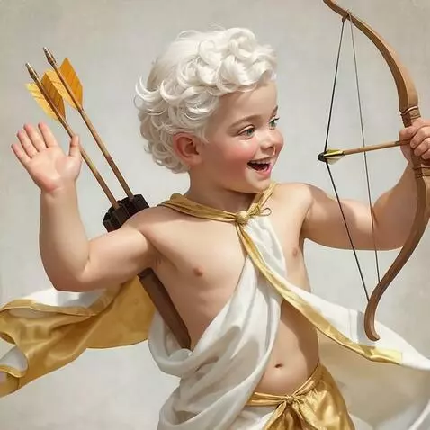 AI Video from prompt: Cupid layghs, waves his hand and shoots an arrow