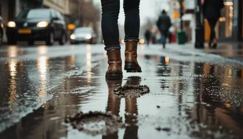 AI Video from prompt: Boots walking through puddles, moving away from 