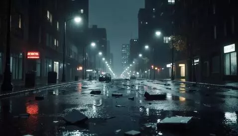 AI Video from prompt: The street is dark, the wind is tearing off leav