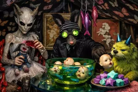 AI Video from prompt: The woman pours the wine in the doll's mouth, Th