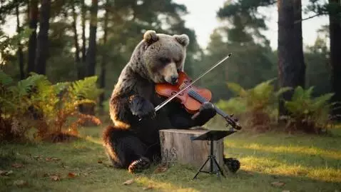 AI Video from prompt: A bear sits on a stump and plays the violin.