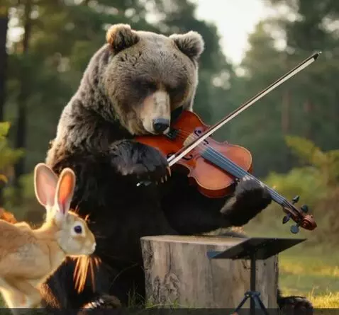 AI Video from prompt: A bear is sitting on a stump and playing the vio