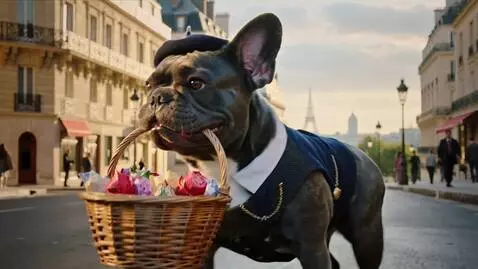 AI Video from prompt: A stylishly dressed French bulldog strolls down 