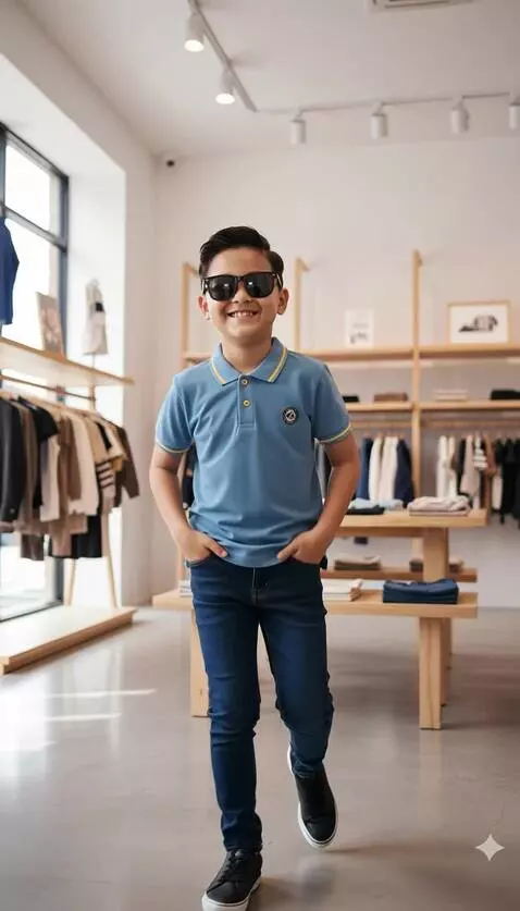 AI Video from prompt: “The boy smiles as he walks forward, with the ca