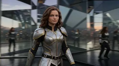 AI Video from prompt: Mmo RPG woman warrior walks through the mirror m