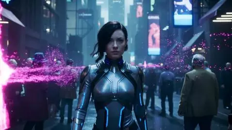 AI Video from prompt: Abstract visuals of bright flares, woman walking