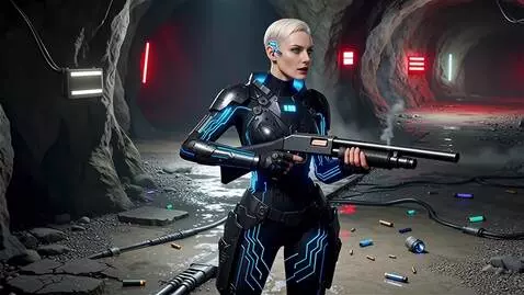 AI Video from prompt: A striking cyberpunk warrior woman stands ready 