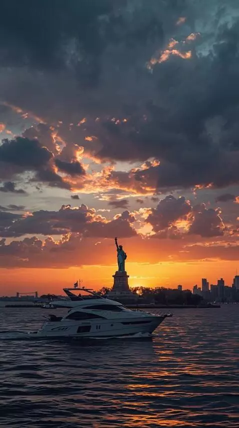 AI Video from prompt: A yacht moves across the sea with the Statue of 