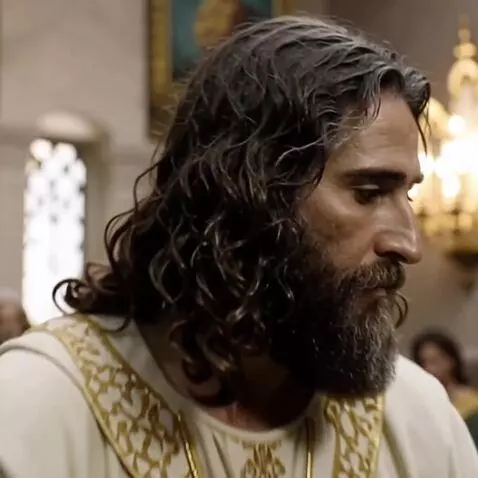 AI Video from prompt: Have Jesus look around and then kneel before God