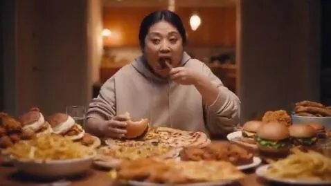 AI Video from prompt: a slim woman eats a huge amount of food and beco