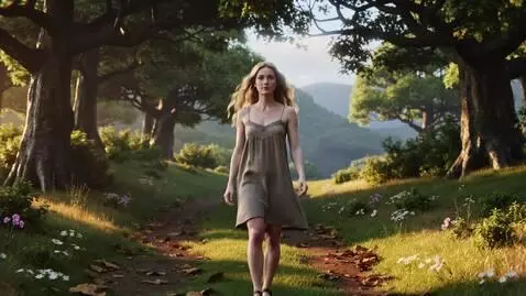 AI Video from prompt: A beautiful girl walks along a forest path, the 