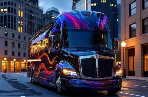 AI Video from prompt: Bus Driving down the road. Rotate the Camera in 