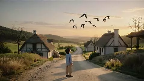 AI Video from prompt: A quiet village at sunrise, soft golden light, b