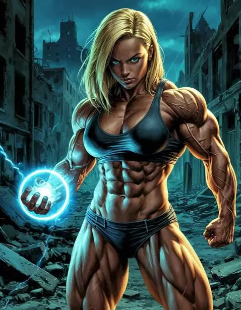 AI Video from prompt: Bodybuilder holds blue lightning fieball, abdomi