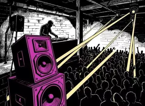 AI Video from prompt: Underground warehouse, DJ party packed with peop