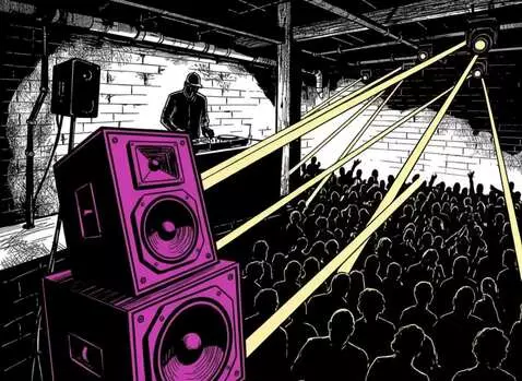 AI Video from prompt: static shot of Underground warehouse, DJ party p