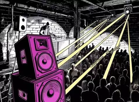 AI Video from prompt: static shot of Underground warehouse, DJ party p