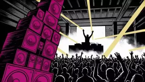 AI Video from prompt: pulsating Underground warehouse, urban DJ party 