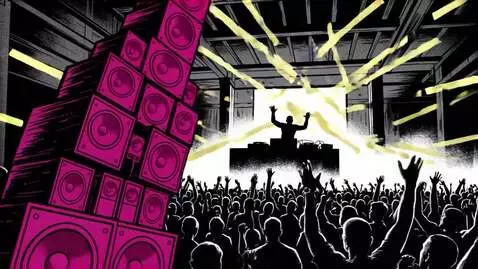 AI Video from prompt: pulsating Underground warehouse, urban DJ party 