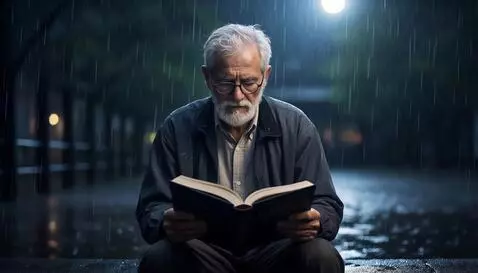 AI Video from prompt: Rain, a close-up of an old teacher sitting quiet