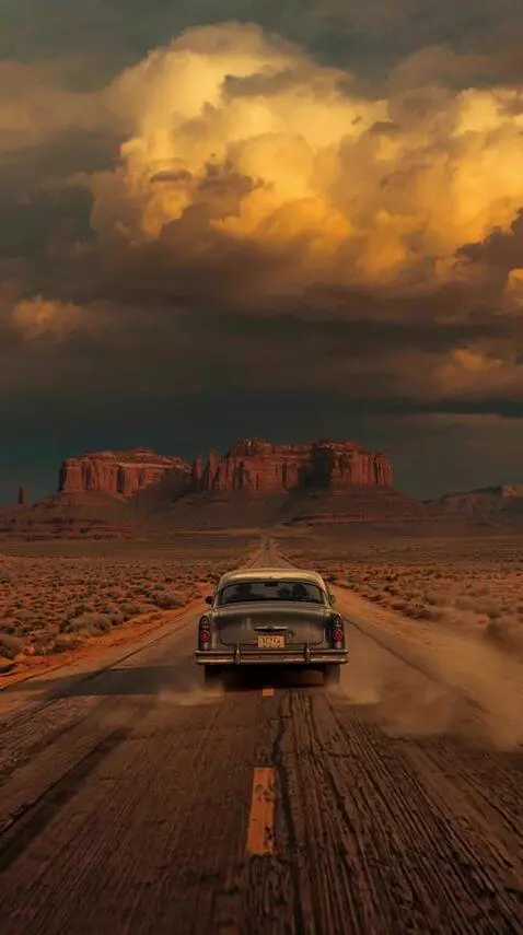 AI Video from prompt: The car is driving along the road towards the ro