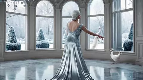 AI Video from prompt: A statuesque woman glides across a frost-kissed 
