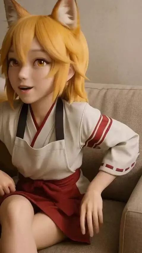 AI Video from prompt: a foxgirl in first-person view (POV) gets up fro