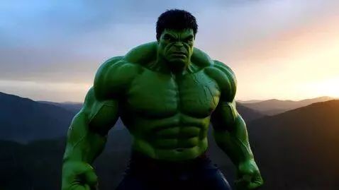 AI Video from prompt: Hulk standing like a hero on mountain top, sunse