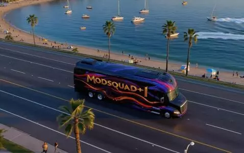 AI Video from prompt: Bus driving down the highway with traffic. Boats