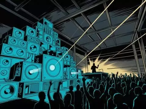 AI Video from prompt: pulsating Underground warehouse, urban DJ party 