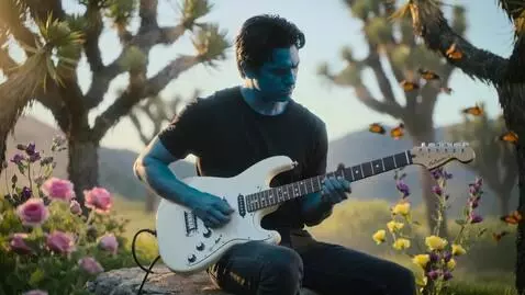 AI Video from prompt: A Blue skinned electric guitarist in a forest of