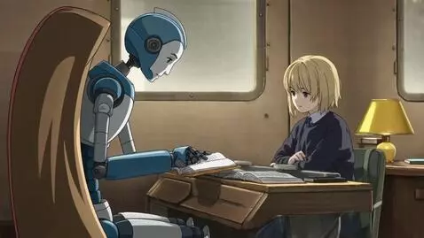 AI Video from prompt: Create a video of a robot sitting with a book in