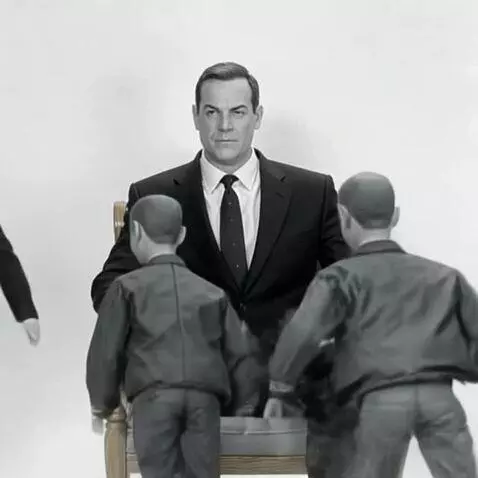 AI Video from prompt: Two dolls run away quickly, leaving the man sitt