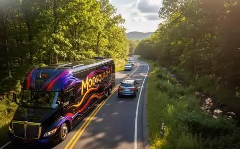 AI Video from prompt: Bus speeds by through the forest with traffic. W