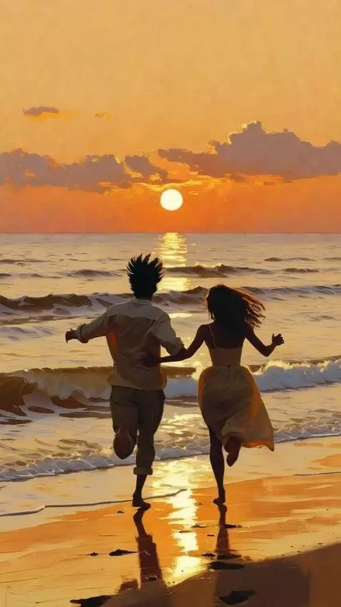 AI Video from prompt: A couple in love run crazily towards the sea, it