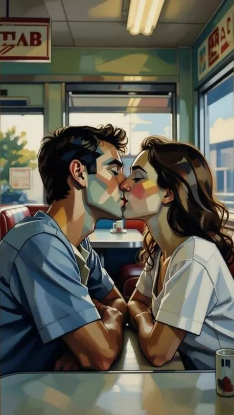 AI Video from prompt: In abstract, painted mosaic style, a pair of lov