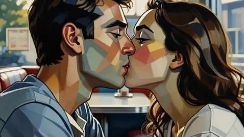 AI Video from prompt: In abstract, painted mosaic style, a pair of lov