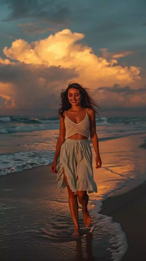 AI Video from prompt: A woman walks along the beach next to the surf, 