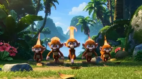 AI Video from prompt: Show 5 little Pixar style Fire Monkeys in a trop