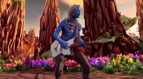 AI Video from prompt: A Blue skinned electric guitarist in a forest of